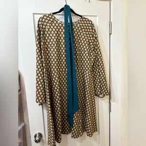 Unique Vintage Green and Gold Deco Print Dress